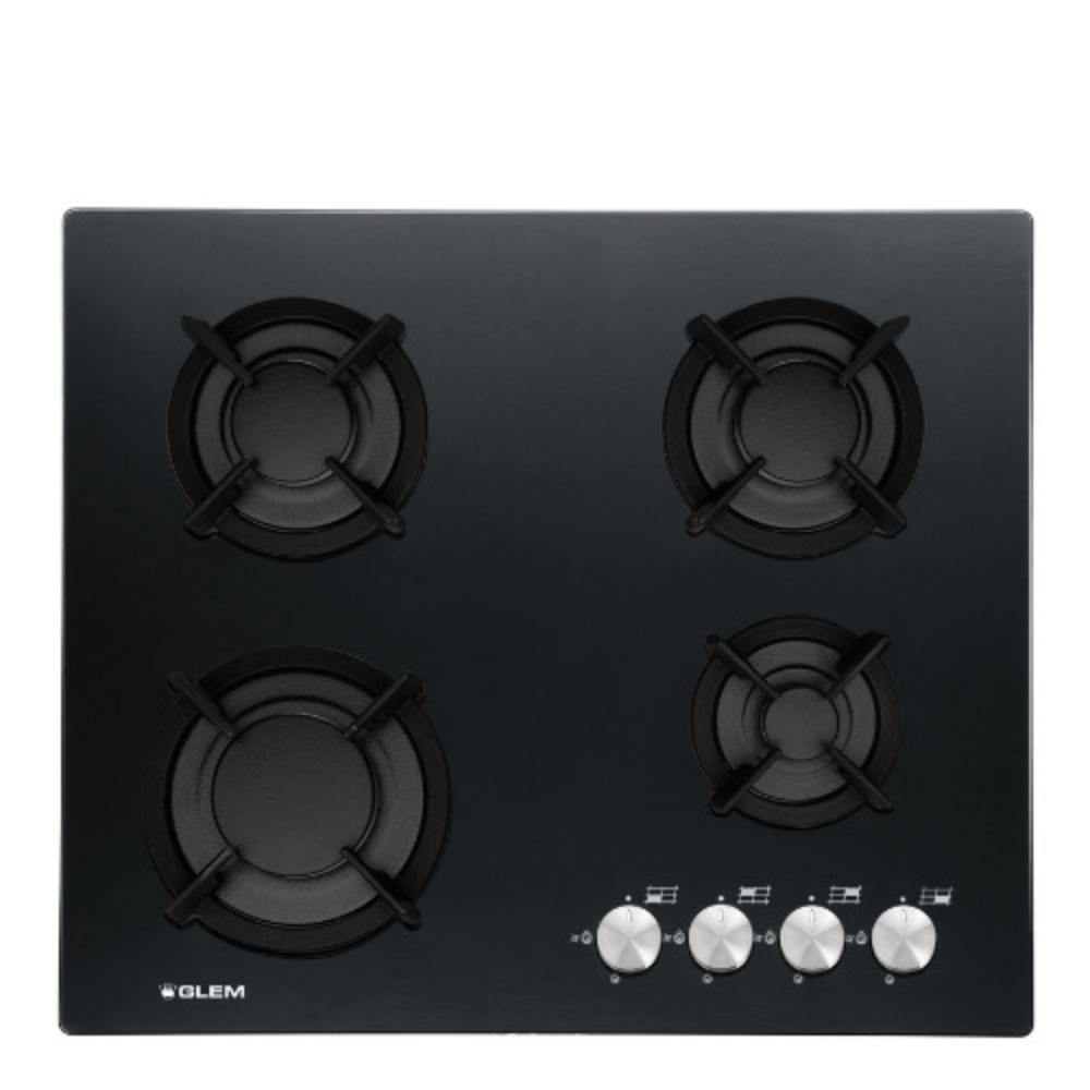 Glem Built In Hobs 60cm, Crystal Gas, 4 Gas Burners, Ignition, Cast Iron Grids, Safety, Black, GLEM-GV64HBK