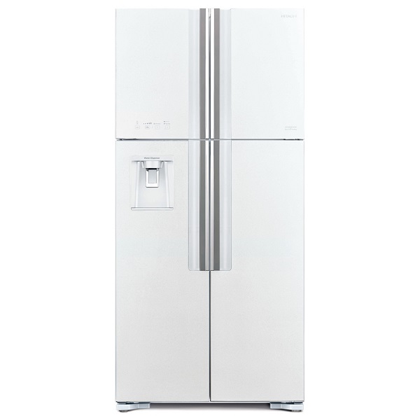 Hitachi Fridge 4 Doors, Glass White + Water Dispenser Dimensions (HxWxD): 183.5x85.5x73.7cm, HIT-RW800PL7