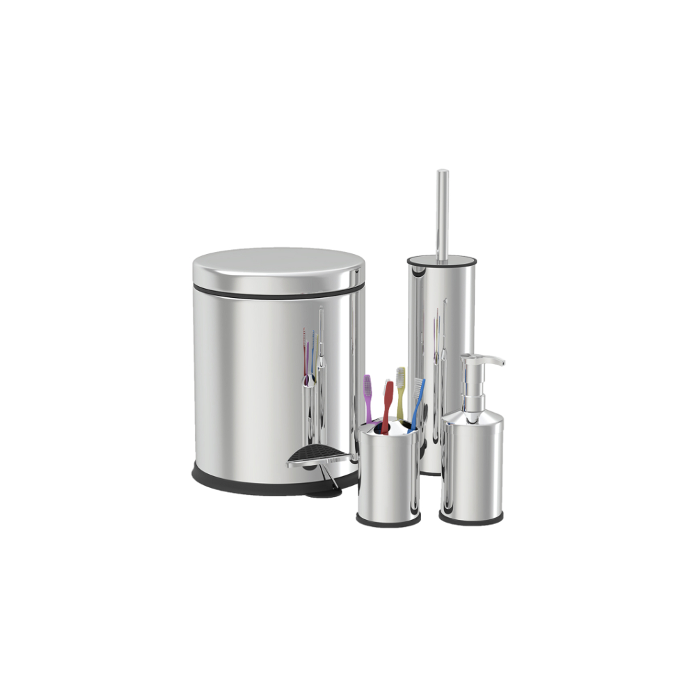 Zilan Bathroom Set 4Pcs (3L Pedal Bin-Smart Toilet Brush-Set Top Liquid Soap Tray And Toothbrush Holder) Inox, ZLN4605