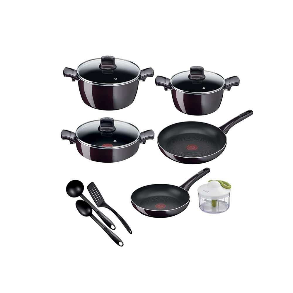 Tefal New G6 Resist Intense - 12Pcs Set: Frypan 24-28 Cm, Stewpot 22/26 Cm W/Glass LID, Shallow Pot 26cm W/ Glass LID, Spoon, Ladle & Spatula, Manual Chopper, TEF-D5229383