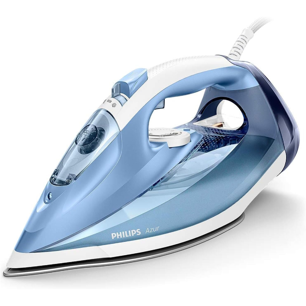 Philips Azur Steam Iron: 2400W - 45G/Min - 180 Sos - Steamglide - 2M Cord, 300ML - Quick Calc Release - White/Blue, GC4532