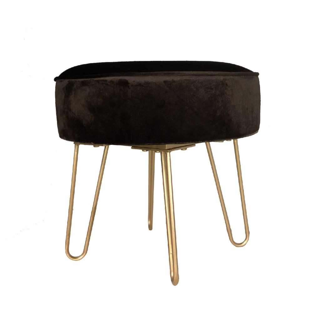 Round Pouf Velvet Bench, Golden Metallic Base, Dark Brown Bench, SK070 