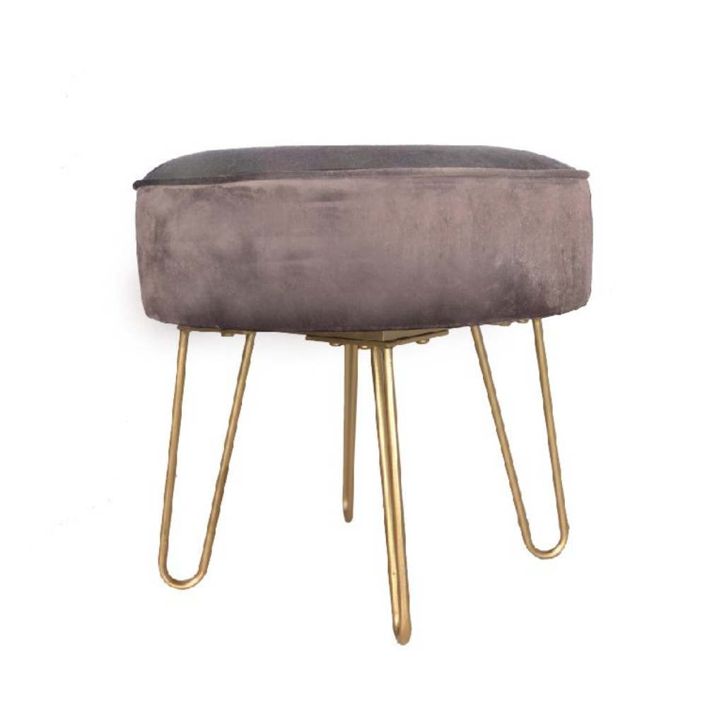 Round Pouf Velvet Bench, Golden Metallic Base, Light Brown Bench, SK071