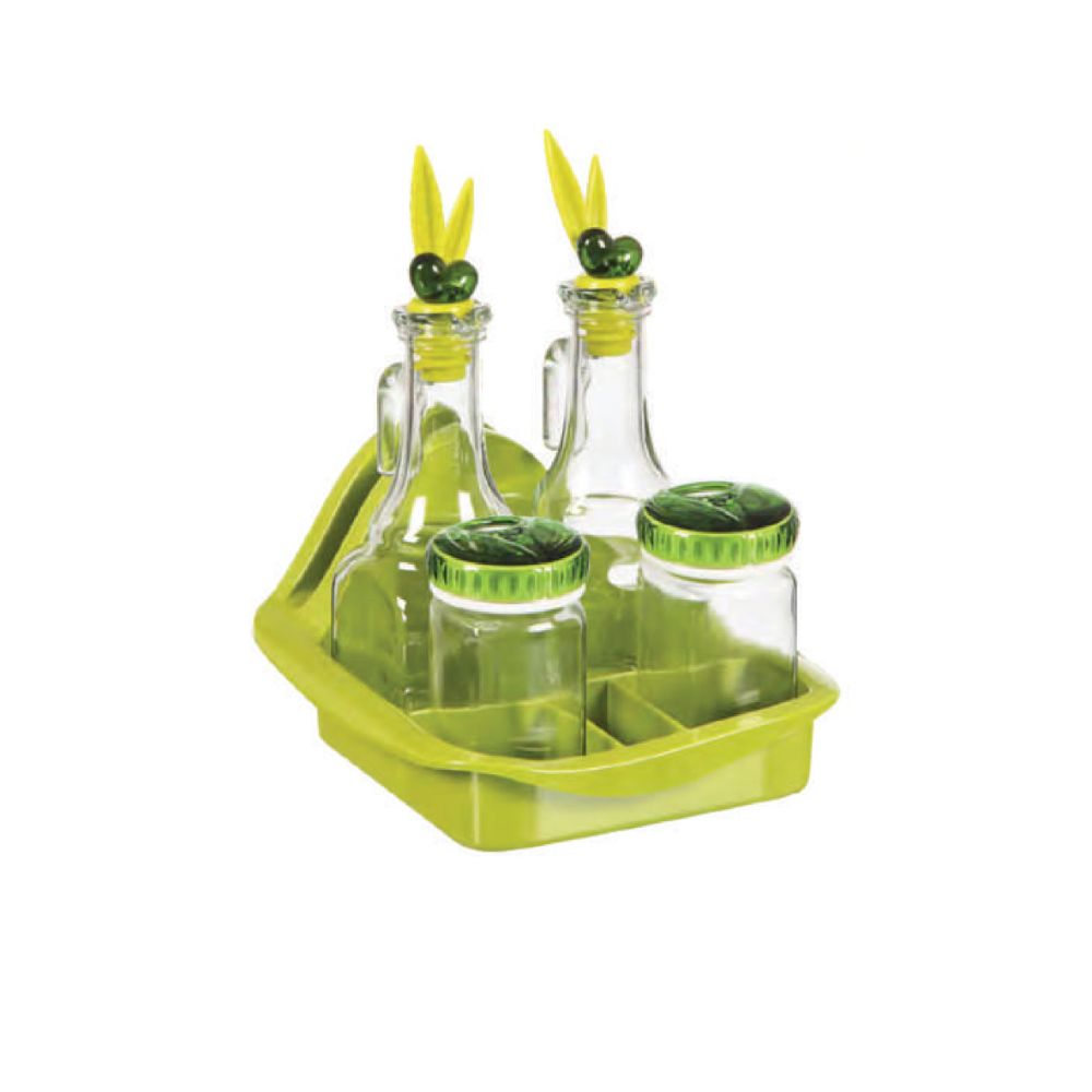 Herevin 2 Pcs 275CC Oil-inegar Bottle & 2Pcs Salt Shaker 160CC Set Green, 152080-100GREEN